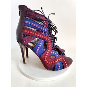 New Gianni Bini Sandals 6.5 Heeled Burgundy Blue Lace Up Cage Statement Heels
